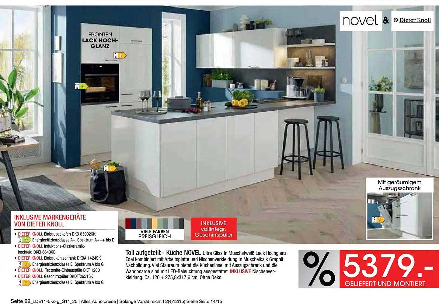 Toll aufgeteilte Küche NOVEL – Ultra Gliss in Muschelweiß mit Lack Hochglanz