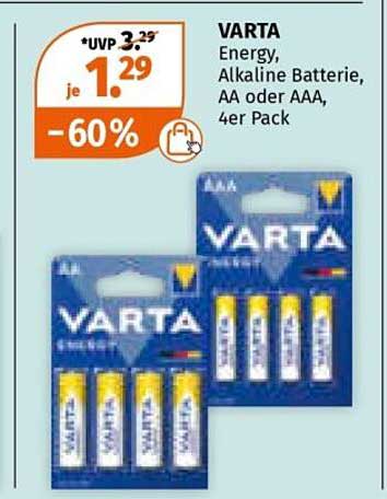 VARTA Energy Alkaline Batterie, AA oder AAA, 4er Pack