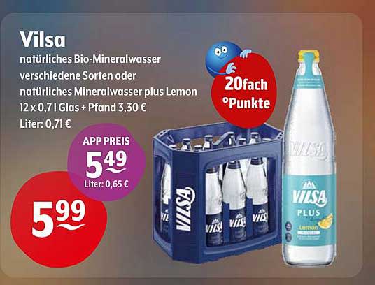 Vilsa natürliches Bio-Mineralwasser verschiedene Sorten oder natürliches Mineralwasser plus Lemon 12 x 0,7 l Glas