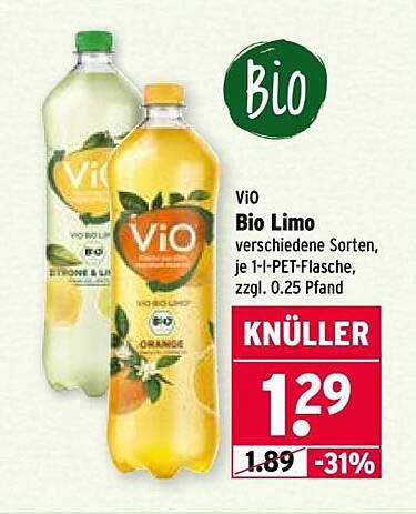 ViO Bio Limo verschiedene Sorten, je 1-l-PET-Flasche, zzgl. 0,25 Pfand