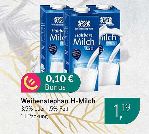 Weihenstephan H-Milch 3,5% oder 1,5% Fett – 1 L Packung