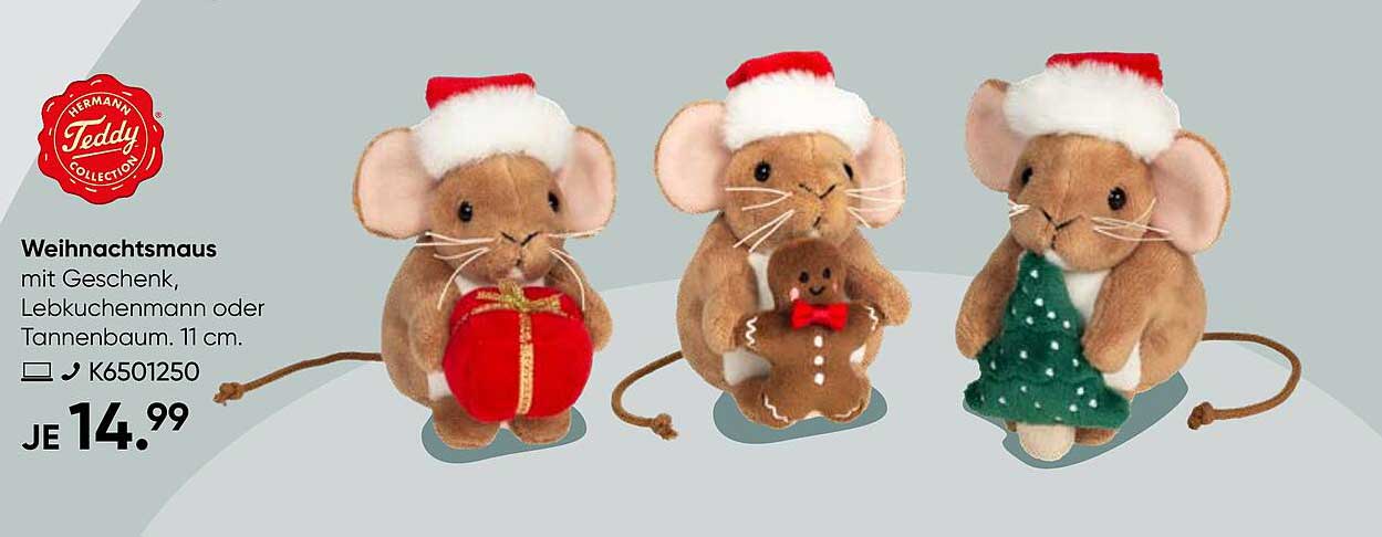 Weihnachtsmaus mit Geschenk, Lebkuchenmann oder Tannenbaum - 11 cm