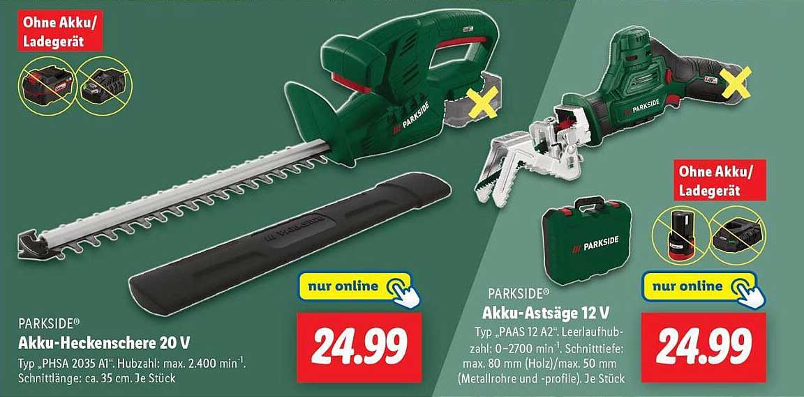 PARKSIDE® Akku-Heckenschere 20 V und Akku-Astsäge 12 V