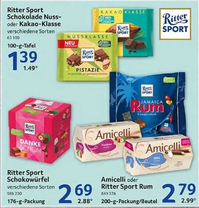 Ritter Sport Schokolade Nuss- oder Kakao-Klasse verschiedene Sorten