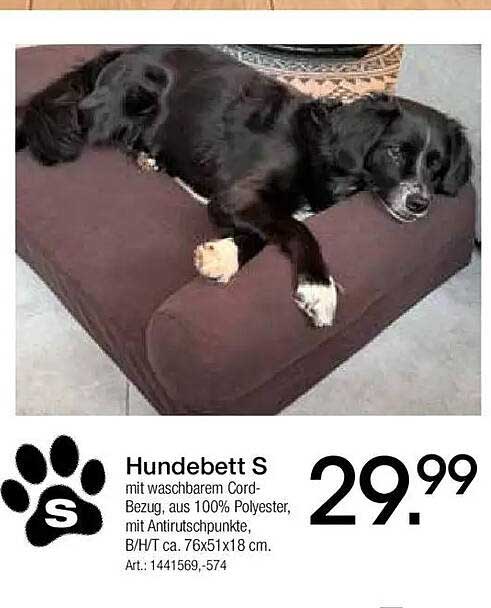 Hundebett S mit waschbarem Cord-Bezug, aus 100% Polyester, mit Antirutschpunkte, B/H/T ca. 76x51x18 cm.