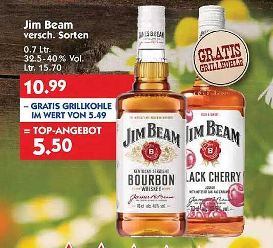 Jim Beam versch. Sorten 0.7 Ltr. 32.5 - 40 % Vol. Ltr. 15.70 + GRATIS GRILLKOHLE IM WERT VON 5.49