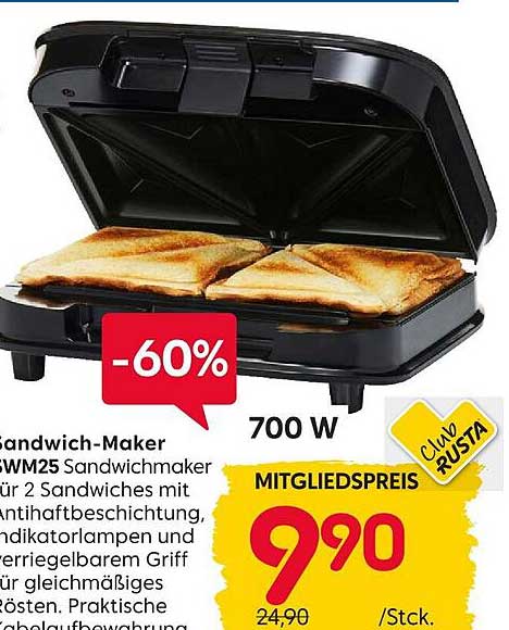 Sandwich-Maker SWM25 Sandwichmaker für 2 Sandwiches mit Antihaftbeschichtung, Indikatorlampen und verriegelbarem Griff für gleichmäßiges Rösten. Praktische Kabelaufbewahrung