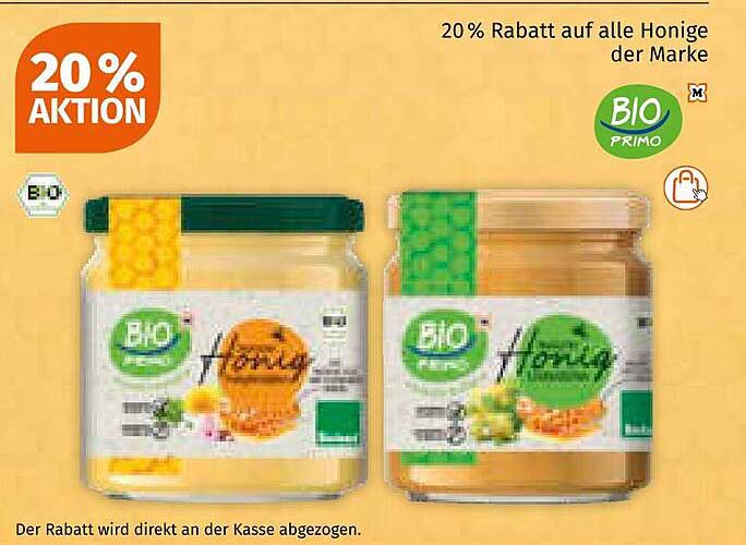 20 % Rabatt auf alle Honige der Marke BIO PRIMO