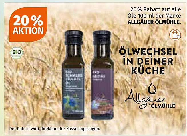 20% Rabatt auf alle Öle 100 ml der Marke Allgäuer Ölmühle