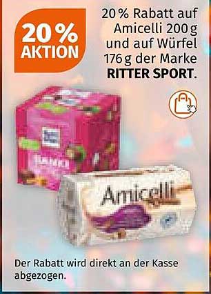 20 % Rabatt auf Amicelli 200 g und auf Würfel 176 g der Marke RITTER SPORT