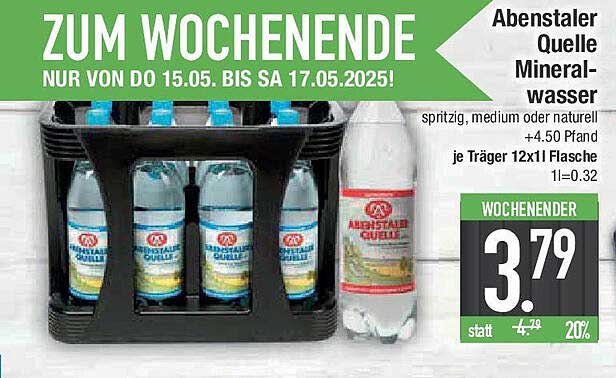 Abenstaler Quelle Mineralwasser 12 x 1l - spritzig, medium oder natürlich
