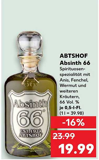 ABTSHOF Absinth 66 - Spirituosen-Spezialität mit Anis, Fenchel und Wermut