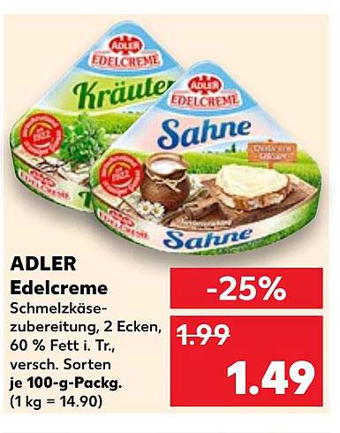 ADLER Edelcreme Schmelzkäse-Zubereitung, 2 Ecken, 60 % Fett i. Tr., verschiedene Sorten
