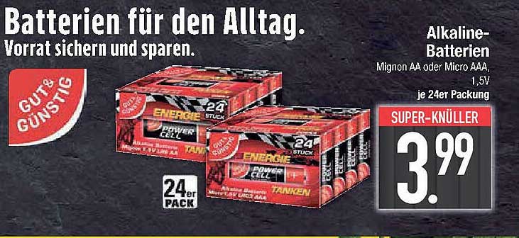 Alkaline-Batterien Mignon AA oder Micro AAA, 1,5V, je 24er Packung