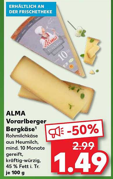ALMA Vorarlberger Bergkäse, Rohmilchkäse aus Heumilch, 45 % Fett i. Tr. je 100 g