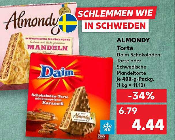 ALMONDY Torte Daim Schokoladen-Torte oder Schwedische Mandeltorte je 400-g-Pack.