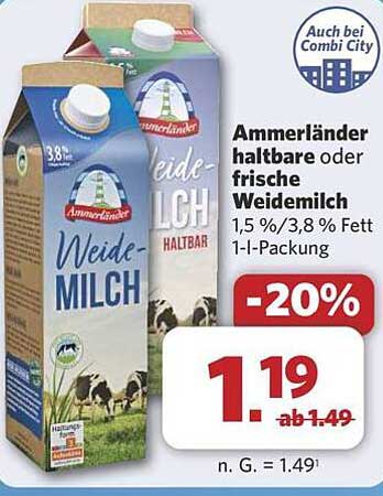 Ammerländer haltbare oder frische Weidemilch 1,5 % / 3,8 % Fett 1 l-Packung