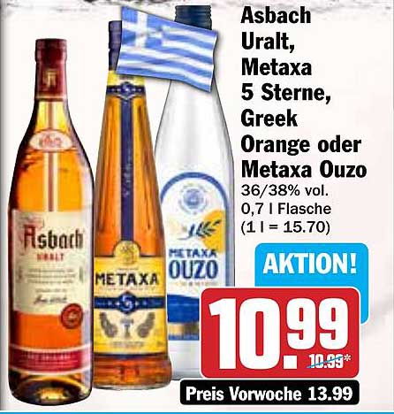 Asbach Uralt, Metaxa 5 Sterne, Greek Orange oder Metaxa Ouzo 0,7 l Flasche