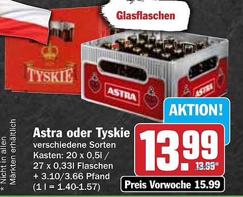Astra oder Tyskie Kasten (20 x 0,5 l/27 x 0,331 l)