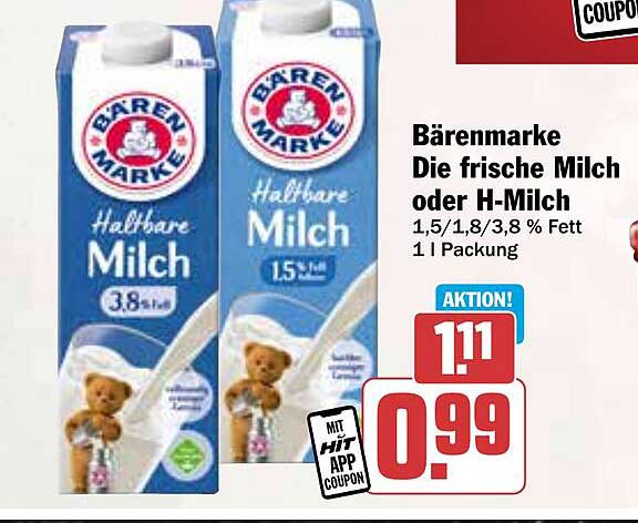 Bärenmarke Halbfare Milch oder H-Milch 1 l Packung