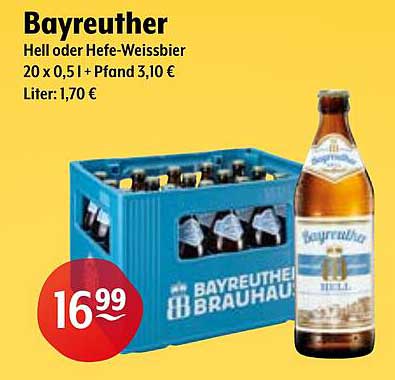 Bayreuther Hell oder Hefe-Weissbier 20 x 0,5 l + Pfand 3,10 €