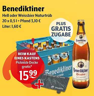 Benediktiner Hell oder Weissbier Naturtrüb 20 x 0,5 l + Pfand 3,10 €