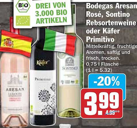 Bodegas Aresan Rosé, Sontino Rebsortenweine oder Käfer Primitivo - 20% Ersparnis!