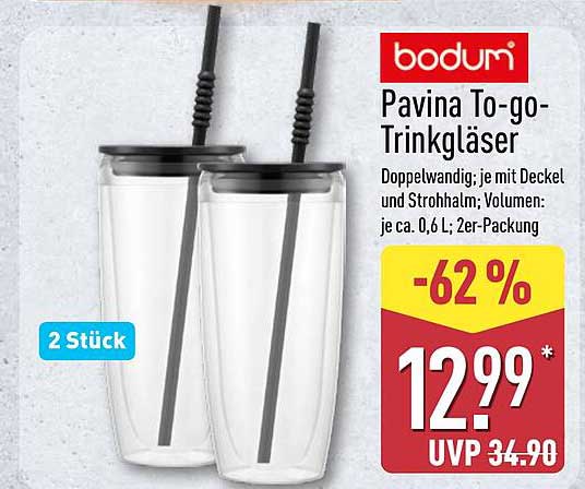 bodum Pavina To-go-Trinkgläser – 2 Stück, doppelwandig mit Deckel und Strohhalm