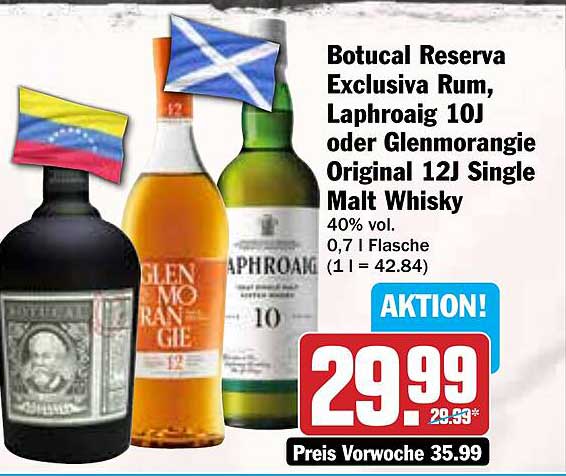 Botucal Reserva Exclusiva Rum, Laphroaig 10J oder Glenmorangie Original 12J Single Malt Whisky