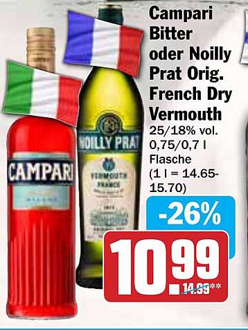 Campari Bitter oder Noilly Prat Orig. French Dry Vermouth 0,75 l Flasche