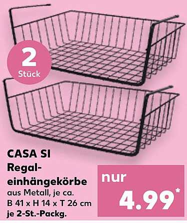 CASA SI Regal-einhängekörbe aus Metall, je ca. B 41 x H 14 x T 26 cm, 2-Stück-Pack.