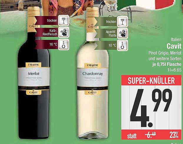 Cavit Wein (Merlot oder Chardonnay) 0,75l Flasche