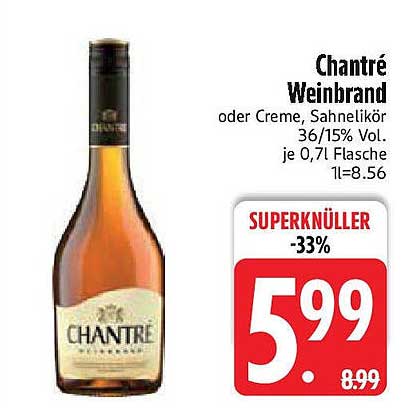 Chantrè Weinbrand oder Creme, Sahnelikör 36/15% Vol. je 0,71 Flasche