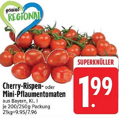 Cherry-Rispen- oder Mini-Pflaumentomaten aus Bayern, Kl. I je 200/250g Packung