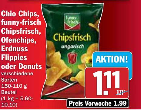 Chio Chips, funny-frisch Chipsfrisch, Ofenchips, Erdnuss Flippies oder Donuts 150-110 g Beutel