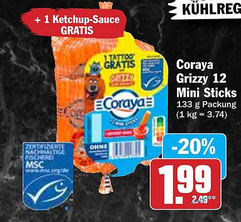 Coraya Grizzy 12 Mini Sticks mit 1 Ketchup-Sauce GRATIS