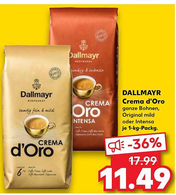 DALLMAYR Crema d'Oro ganze Bohnen, Original mild oder Intensa je 1-kg-Pack.