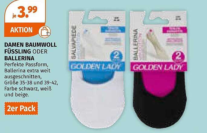 Damen Baumwoll Füßlinge oder Ballerina 2er Pack