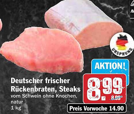 Deutscher frischer Rückenbraten, Steaks vom Schwein ohne Knochen, natur, 1 kg