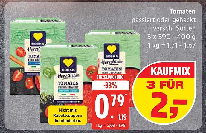 EDEKA Herztücke Tomaten - Passiert oder gehackt, 3 x 390-400 g