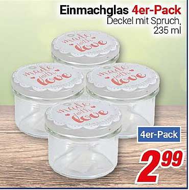 Einmachglas 4er-Pack mit Deckel und Spruch, 235 ml