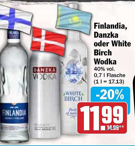 Finlandia, Danzka oder White Birch Wodka - 0,7 L Flasche