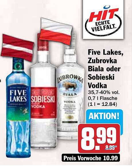 Five Lakes, Zubrowka Biala oder Sobieski Vodka 0,7 l