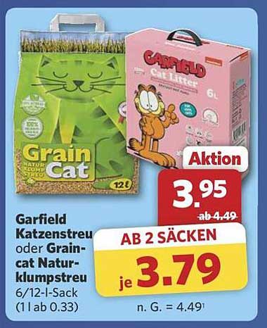 Garfield Katzenstreu oder Graincat Naturklumpstreu 6/12-I-Sack (1 l ab 0.33)