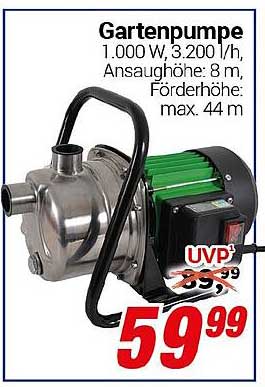 Gartenpumpe 1.000 W, 3.200 l/h, max. Förderhöhe 44 m