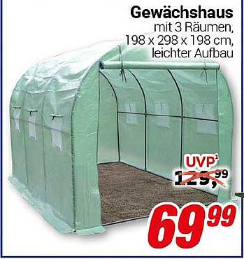 Gewächshaus mit 3 Räumen, 198 x 298 x 198 cm, leichter Aufbau