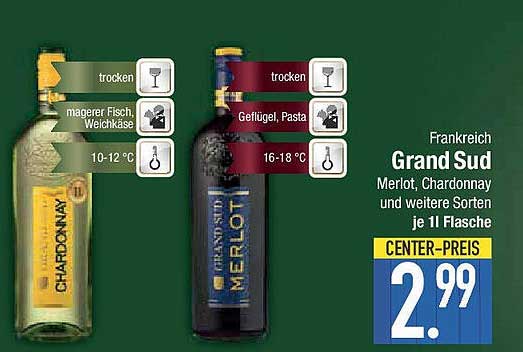 Grand Sud Merlot und Chardonnay, je 1l Flasche