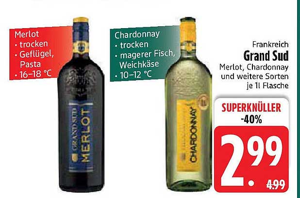 Grand Sud Wein - Merlot und Chardonnay je 1 L Flasche