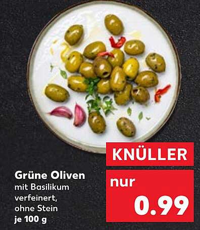 Grüne Oliven mit Basilikum verfeinert, ohne Stein je 100 g