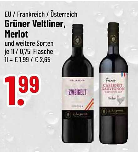Grüner Veltliner, Merlot und weitere Sorten je 1 l / 0,75 l Flasche